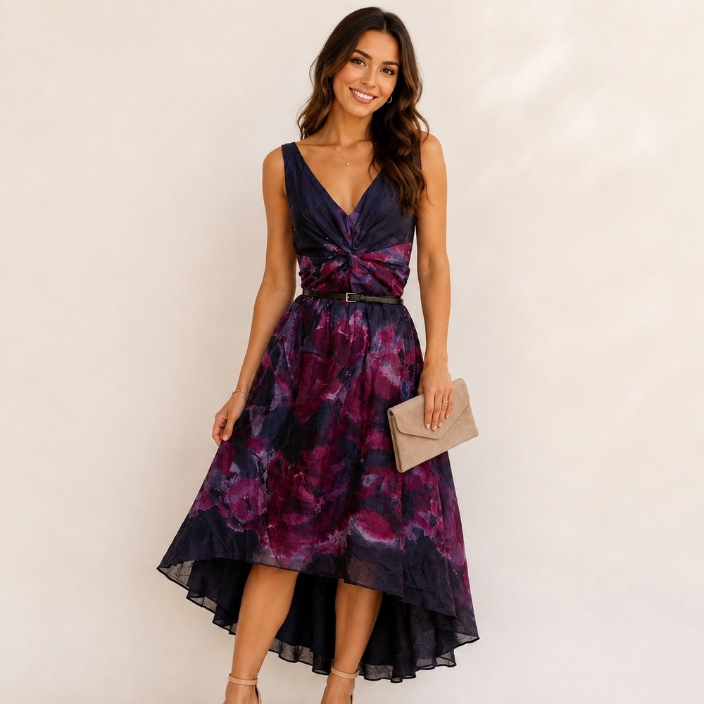 Lela Rose Neiman Marcus Target Dress 8 Silk Blend Floral High Low Belted Purple